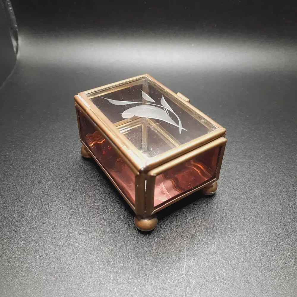 VTG Brass Glass Bird Trinket Box Pink Amethyst Slag Footed Hecho En Mexico